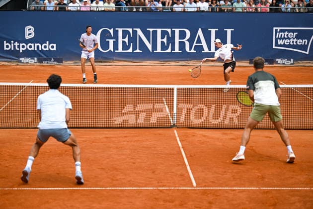TENNIS - ATP, Tennis Herren Generali Open 2026 KITZBUEHEL,AUSTRIA,23.JUL.26 - TENNIS - ATP World Tour, Generali Open. Image shows Pierre Hugues Herbert (FRA), Joel Schwaerzler, Lukas Neumayer (AUT) and Kevin Krawietz (GER).  GEPAxpictures xDanielxSchoenherr