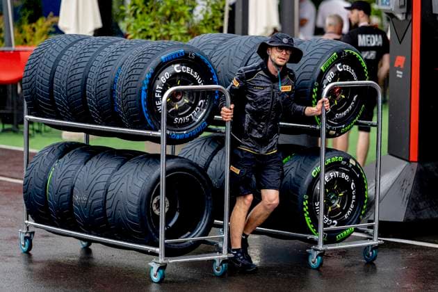 BUDAPEST - Pirelli rain tires during Formula 1 Hungary at the Hungaroring circuit on July 23, 2026 in Budapest, Hungary. (Photo by DeFodi Images) - *** BUDAPEST: Pirelli rain tires during the Formula 1 Hungarian Grand Prix at the Hungaroring circuit on July 23, 2026, in Budapest, Hungary. Photo by DeFodi Images