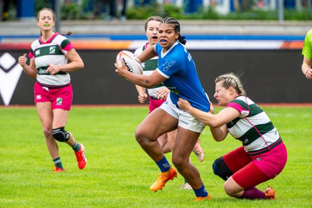 SC Neuenheim (blau) gegen Münster Tourists (pink): 40:17 - Gruppenphase Damen Gruppe A Spiel 1 - 7er Rugby - Die Finals 2026 (23.07.2026, Hannover Erika-Fisch-Stadion (Hannover, GER), *** SC Neuenheim (blue) vs. Münster Tourists (pink) 40–17 Women’s Group Stage, Group A, Match 1, 7s Rugby, The Finals 2026, July 23, 2026, Erika Fisch Stadium, Hanover, GER, Copyright: xJanxGuentherx