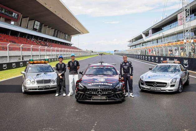 F1 - HUNGARIAN GRAND PRIX 2026 MAYLANDER Bernd (ger), FIA Safety Car Driver, portrait KIMI ANTONELLI Andrea (ita), Mercedes AMG F1 Team W16, portrait RUSSELL George (gbr), Mercedes AMG F1 Team W17, portrait FIA Mercedes-AMG GT Black Series Safety Car, Mercedes-Benz SLS AMG, Mercedes-Benz CLK 55 AMG during the Formula 1 Hungarian Grand Prix 2026, 11th round of the 2026 Formula One World Championship, WM, Weltmeisterschaft from July 24 to 26, 2026 on the Hungaroring, in Mogyorod near Budapest, Hungary - MogyorodHungary  Copyright: xXavixBonillax