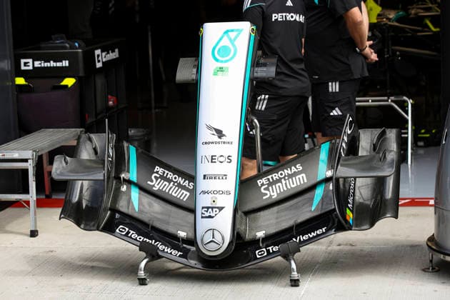 F1 - HUNGARIAN GRAND PRIX 2026 Mercedes AMG F1 Team W17, mechanical detail front wing aerodynamism, aerodynamic, aerodynamics during the Formula 1 Hungarian Grand Prix 2026, 11th round of the 2026 Formula One World Championship, WM, Weltmeisterschaft from July 24 to 26, 2026 on the Hungaroring, in Mogyorod near Budapest, Hungary - MogyorodHungary  Copyright: xXavixBonillax