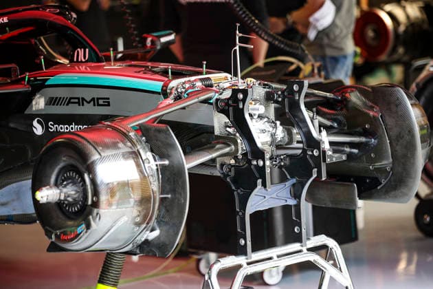 F1 - HUNGARIAN GRAND PRIX 2026 Mercedes AMG F1 Team W17, mechanical detail front suspension aerodynamism, aerodynamic, aerodynamics brakes, freins, during the Formula 1 Hungarian Grand Prix 2026, 11th round of the 2026 Formula One World Championship, WM, Weltmeisterschaft from July 24 to 26, 2026 on the Hungaroring, in Mogyorod near Budapest, Hungary - MogyorodHungary  Copyright: xXavixBonillax