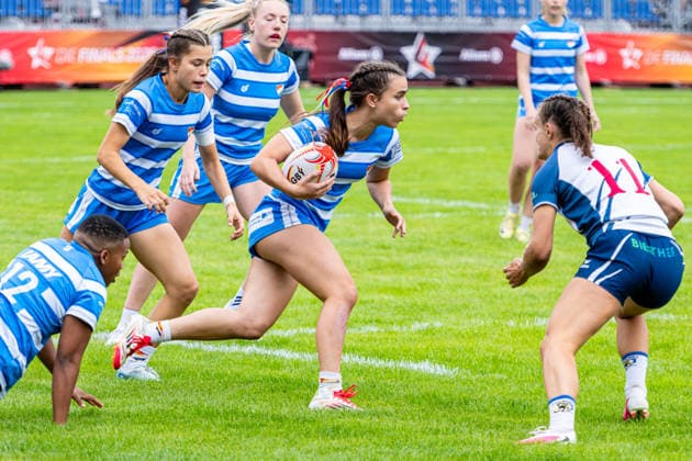 Heidelberger RK (blau) gegen TSV Handschuhsheim (weiß): 10:17 - Gruppenphase Damen Gruppe C Spiel 1 - 7er Rugby - Die Finals 2026 (23.07.2026, Hannover Erika-Fisch-Stadion (Hannover, GER), *** Heidelberg RK (Blue) vs. TSV Handschuhsheim (White) 10–17 Women’s Group Stage, Group C, Match 1, 7-a-side Rugby, The Finals 2026, July 23, 2026, Hannover Erika Fisch Stadium, Hannover, GER, Copyright: xJanxGuentherx