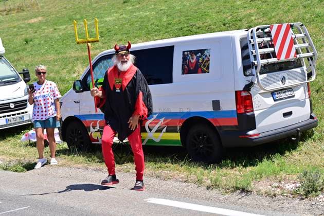 Tour de France 2026 Stage 18 ORCIERES-MERLETTE, FRANCE - JULY 23 : illustration picture fan - supporter El Diablo during stage 18 of the 113rd edition of Tour de France an UCI World Tour 2.UWT cycling road race stage for Men Elite of 185 km with start in Voiron and finish in Orcieres-Merlette on July 23, 2026 in Orcieres-Merlette, France, 23 07 2026 Orcieres-Merlette France  Copyright: xPetexGodingx