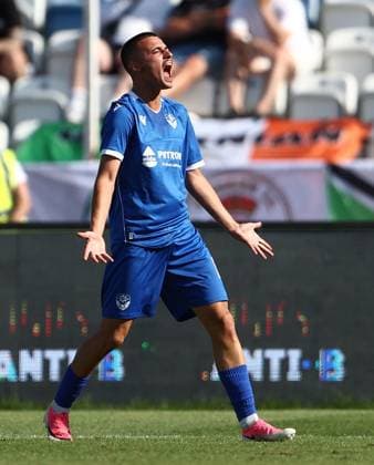 Kreshnik Uka of Malisheva celebrates scoring a goal to make the score 1-0 Malisheva v Hibernian, UEFA Conference League, 2nd Qualifying Round, 1st Leg, Football, Liman Gegaj Stadium, Malisheva, Kosovo - 23 Jul 2026Malisheva Liman Gegaj Stadium Kosovo United Kingdom  Copyright: xNikolaxKrstic Shutterstockx 16999261ak