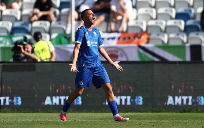 Kreshnik Uka of Malisheva celebrates scoring a goal to make the score 1-0 Malisheva v Hibernian, UEFA Conference League, 2nd Qualifying Round, 1st Leg, Football, Liman Gegaj Stadium, Malisheva, Kosovo - 23 Jul 2026Malisheva Liman Gegaj Stadium Kosovo United Kingdom  Copyright: xNikolaxKrstic Shutterstockx 16999261al