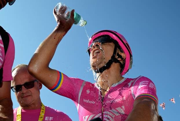 Ecuadorian Richard Carapaz of EF Education-EasyPost celebrates after winning stage 18 of the 2026 Tour de France cycling race, a stage of 185km from Voiron to Orcieres-Merlette, on Thursday 23 July 2026. The 113th edition of the Tour de France starts on Saturday 4 July in Barcelona, Spain, and will finish in Paris, France on the 26th of July. POOLxSZYMONxGRUCHALSKI  x181857503x