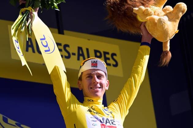 Slovenian Tadej Pogacar of UAE Team Emirates XRG celebrates on the podium in the yellow jersey of leader in the overall ranking after stage 18 of the 2026 Tour de France cycling race, a stage of 185km from Voiron to Orcieres-Merlette, on Thursday 23 July 2026. The 113th edition of the Tour de France starts on Saturday 4 July in Barcelona, Spain, and will finish in Paris, France on the 26th of July. DAVIDxPINTENS  x181858593x