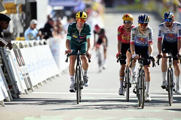 Danish Mads Pedersen of Lidl-Trek crosses the finish line of stage 18 of the 2026 Tour de France cycling race, a stage of 185km from Voiron to Orcieres-Merlette, on Thursday 23 July 2026. The 113th edition of the Tour de France starts on Saturday 4 July in Barcelona, Spain, and will finish in Paris, France on the 26th of July. DAVIDxPINTENS  x181859515x