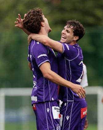 SOCCER - UEFA ECL, Liepaja vs. A.Wien JURMALA,LATVIA,23.JUL.26 - SOCCER - UEFA Conference League, qualification, FK Liepaja vs Austria Wien. Image shows the rejoicing of Moritz Wels and Florian Wustinger (A.Wien).  GEPAxpictures xArminxRauthner