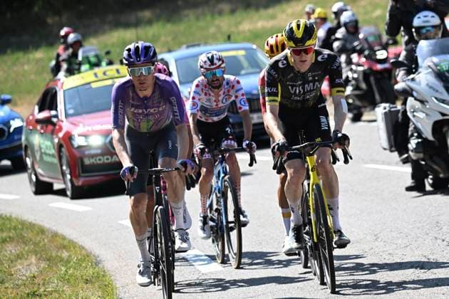Tour de France 2026 Stage 18 ORCIERES-MERLETTE, FRANCE - JULY 23 : Schmid Mauro (SUI) of Team Jayco AlUla, Jorgenson Matteo (USA) of Team Visma Lease a Bike, Johannessen Tobias Halland (NOR) of Uno-X Mobility, Paret-Peintre Valentin (FRA) of Soudal Quick-Step, Carapaz Richard (ECU) of EF Education - Easypost during stage 18 of the 113rd edition of Tour de France an UCI World Tour 2.UWT cycling road race stage for Men Elite of 185 km with start in Voiron and finish in Orcieres-Merlette on July 23, 2026 in Orcieres-Merlette, France, 23 07 2026 Orcieres-Merlette France  Copyright: xPetexGodingx