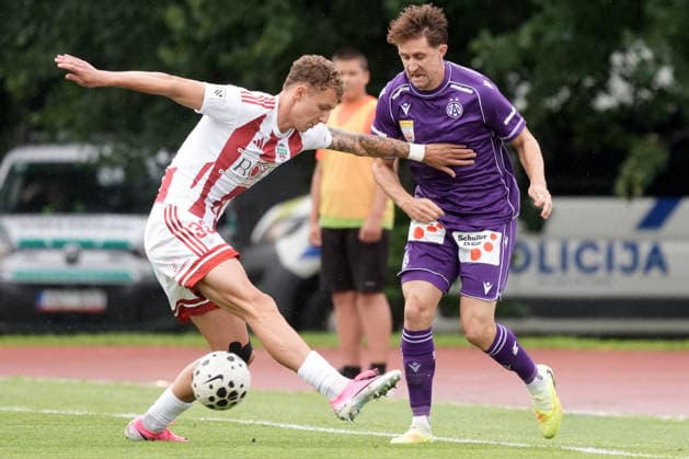 Latvia Soccer FK Liepaja Austria Wien, Riga, Latvia, 23.07.2026, football, soccer Ilja Korotkovs of FK Liepaja and Reinhold RANFTL of FK Austria Wien in action during the UEFA Europa Conference League qualifying round game between Latvia™s FK Liepaja and Austria Wien komandam in Sloka, Latvia 23.07.2026. Photo: Roman Koksarov (RKF) Riga Latvia Copyright: xRomanxKoksarovx RKV00140.JPG