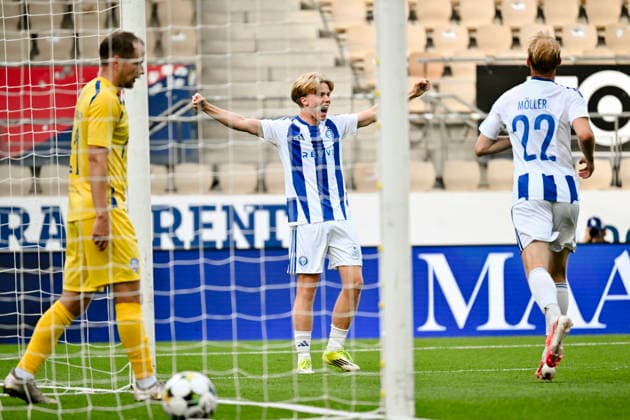 LKS 20260723 HJK players celebrate second goal during UEFA Conference League match HJK - Coleraine in Helsinki, Finland on July 23, 2026. - MIKKO STIG Helsinki Finland kH6r1z2N-g0  Copyright: xMikkoxStigx kH6r1z2N-g0