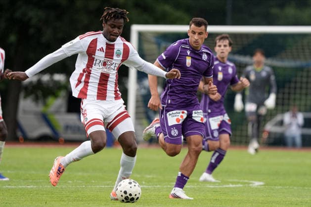 Latvia Soccer FK Liepaja Austria Wien, Riga, Latvia, 23.07.2026, football, soccer Rodolphe Ekou of FK Liepaja and Manfred Fischer of FK Austria Wien in action during the UEFA Europa Conference League qualifying round game between Latvia™s FK Liepaja and Austria Wien komandam in Sloka, Latvia 23.07.2026. Photo: Roman Koksarov (RKF) Riga Latvia Copyright: xRomanxKoksarovx RKV00253.JPG