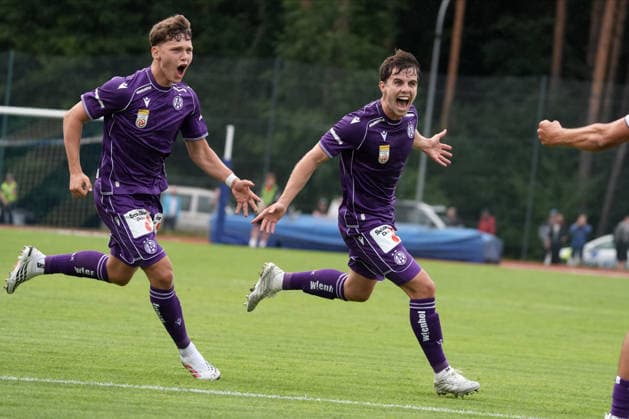 Latvia Soccer FK Liepaja Austria Wien, Riga, Latvia, 23.07.2026, football, soccer Florian Wustinger of FK Austria Wien celebrate with teammates his first goal during the UEFA Europa Conference League qualifying round game between Latvia™s FK Liepaja and Austria Wien komandam in Sloka, Latvia 23.07.2026. Photo: Roman Koksarov (RKF) Riga Latvia Copyright: xRomanxKoksarovx RKV00350.JPG