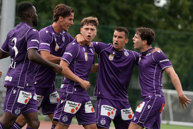 Latvia Soccer FK Liepaja Austria Wien, Riga, Latvia, 23.07.2026, football, soccer Florian Wustinger of FK Austria Wien celebrate with teammates his first goal during the UEFA Europa Conference League qualifying round game between Latvia™s FK Liepaja and Austria Wien komandam in Sloka, Latvia 23.07.2026. Photo: Roman Koksarov (RKF) Riga Latvia Copyright: xRomanxKoksarovx RKV00381.JPG
