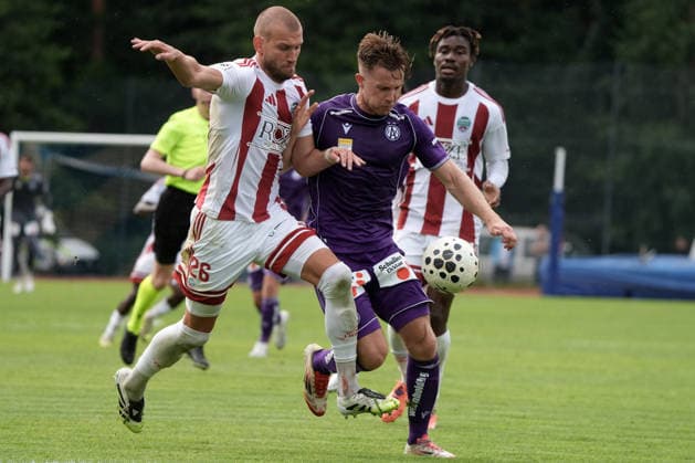 Latvia Soccer FK Liepaja Austria Wien, Riga, Latvia, 23.07.2026, football, soccer Vjaceslavs Isajevs of Liepaja and Johannes EGGESTEIN of FK Austria Wien in action during the UEFA Europa Conference League qualifying round game between Latvia™s FK Liepaja and Austria Wien komandam in Sloka, Latvia 23.07.2026. Photo: Roman Koksarov (RKF) Riga Latvia Copyright: xRomanxKoksarovx RKV00491.JPG