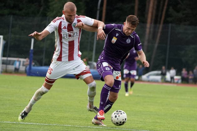 Latvia Soccer FK Liepaja Austria Wien, Riga, Latvia, 23.07.2026, football, soccer Vjaceslavs Isajevs of Liepaja and Johannes EGGESTEIN of FK Austria Wien in action during the UEFA Europa Conference League qualifying round game between Latvia™s FK Liepaja and Austria Wien komandam in Sloka, Latvia 23.07.2026. Photo: Roman Koksarov (RKF) Riga Latvia Copyright: xRomanxKoksarovx RKV00498.JPG