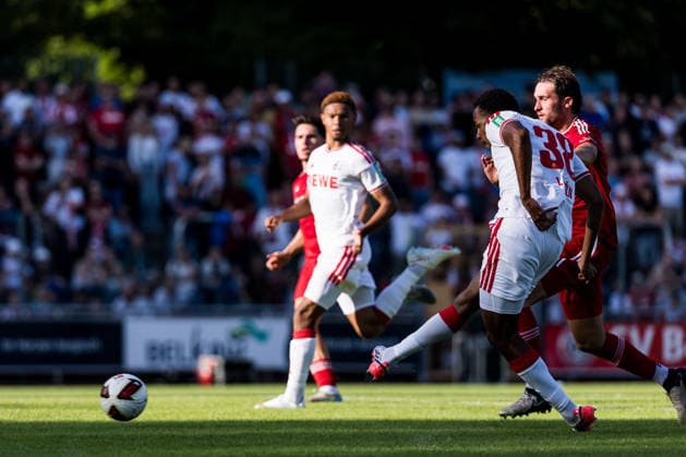 BERGISCH GLADBACH, GERMANY - JULY 23: Youssoupha Niang (1. FC Koeln, 38) shoots the 0:3 goal during the second friendly game of season 2026 27 between SV Bergisch Gladbach vs. 1. FC Koeln at BELKAW ARENA on July 23, 2026 in Bergisch Gladbach, Germany. North Rhine Westphalia Germany Copyright: xSteffiexWunderlx