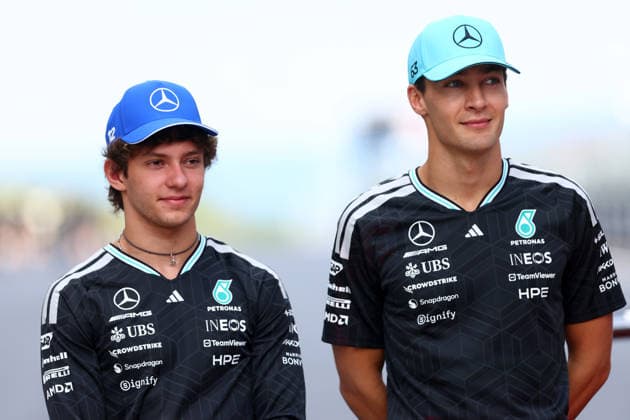 F1 Hungarian Gran Prix Andrea Kimi Antonelli of Mercedes-AMG F1 Team (L) and George Russell of Mercedes AMG Petronas F1 Team (R) look on in the Paddock during previews ahead of the F1 Grand Prix of Hungary. Mogyorod Hungaroring Hungary Copyright: xMarcoxCanonierox