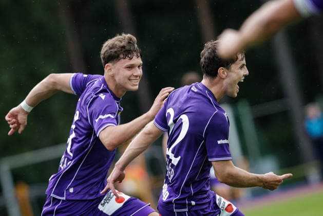SOCCER - UEFA ECL, Liepaja vs. A.Wien JURMALA,LATVIA,23.JUL.26 - SOCCER - UEFA Conference League, qualification, FK Liepaja vs Austria Wien. Image shows the rejoicing of Matteo Schablas and Florian Wustinger (A.Wien).  GEPAxpictures xArminxRauthner