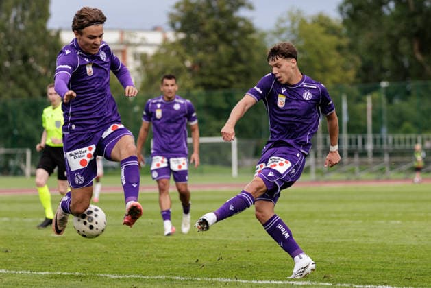 SOCCER - UEFA ECL, Liepaja vs. A.Wien JURMALA,LATVIA,23.JUL.26 - SOCCER - UEFA Conference League, qualification, FK Liepaja vs Austria Wien. Image shows Julian Hettwer and Matteo Schablas (A.Wien).  GEPAxpictures xArminxRauthner