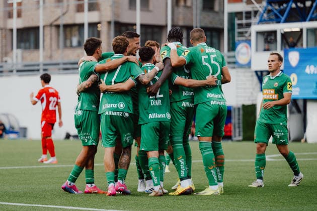 SOCCER - UEFA ECL, Santa Coloma vs Rapid ANDORRA LA VELLA,ANDORRA,23.JUL.26 - SOCCER - UEFA Conference League, qualification, FC Santa Coloma vs SK Rapid Wien. Image shows the rejoicing of team Rapid.  GEPAxpictures xAlexanderxSolc