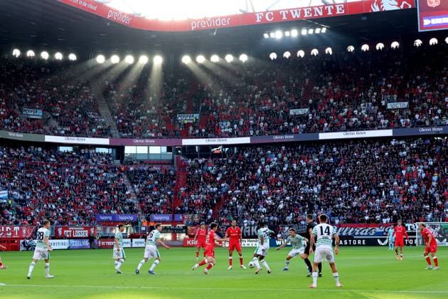 ENSCHEDE - overview of the pitch during the UEFA Europa League second qualifying round match between FC Twente and Ferencvaros at Grolsch Veste on July 23, 2026 in Enschede, the Netherlands. (Photo by DeFodi Images) - *** ENSCHEDE: A view of the field during the UEFA Europa League second qualifying round match between FC Twente and Ferencvaros at Grolsch Veste on July 23, 2026, in Enschede, the Netherlands. Photo by DeFodi Images