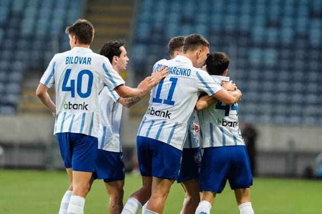 Lublin 23.07.2026. Football UEFA Europa League Qualifiers match, second qualifying round 1st leg, between FC Dynamo Kyiv and PAOK FC in Lublin, Poland --- Mecz Ligi Europy UEFA - 2. runda kwalifikacji pomiedzy Dynamo Kijow a PAOK FC w Lublinie, Polska. Persons Shown : Kristian Bilovar, Matvii Ponomarenko, Vladyslav Dubinchak Fot. Kazimierz Kozuch Arena Akcji NEWSPIX.PL --- newspix.pl 