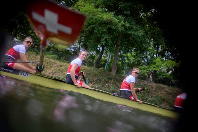 Feature, BW4x, Team SUI, RUSCA Soley, PLOCK Lotta, FIELD Manon, McMAHON Katarina, U23 Women s Four, BW4-, am 23.07.2026 Rudern U-23 Weltmeisterschaft vom 23.07.- 26.07.2026 in Duisburg Deutschland. Regattabahn *** Feature, BW4x, Team SUI, RUSCA Soley, PLOCK Lotta, FIELD Manon, McMAHON Katarina, U23 Women’s Four, BW4, on July 23, 2026, at the U23 World Rowing Championships held from July 23–26, 2026, at the Duisburg Rowing Course in Duisburg, Germany