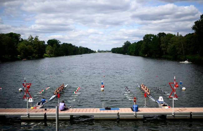 Blick auf die Regattabahn Duisburg, Start, Blickrichtung Ziel, Wettkämpfe, am 23.07.2026 Rudern U-23 Weltmeisterschaft vom 23.07.- 26.07.2026 in Duisburg Deutschland. Regattabahn *** View of the Duisburg rowing course, start line, looking toward the finish line, competitions, on July 23, 2026—U23 World Rowing Championships from July 23–26, 2026, at the Duisburg rowing course in Germany