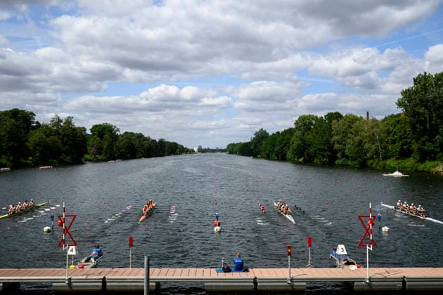 Blick auf die Regattabahn Duisburg, Start, Blickrichtung Ziel, Wettkämpfe, am 23.07.2026 Rudern U-23 Weltmeisterschaft vom 23.07.- 26.07.2026 in Duisburg Deutschland. Regattabahn *** View of the Duisburg rowing course, start line, looking toward the finish line, competitions, on July 23, 2026—U23 World Rowing Championships from July 23–26, 2026, at the Duisburg rowing course in Germany