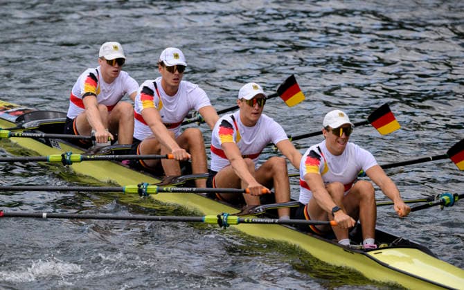 Team Deutschland, BM4x, RASTETTER Jakob, SCHEWE Paavo Tore, SENS Yannik, SCHMIED Mads U23 Men s Quadruple Sculls, am 23.07.2026 Rudern U-23 Weltmeisterschaft vom 23.07.- 26.07.2026 in Duisburg Deutschland. Regattabahn *** Team Germany, BM4x, Jakob RASTETTER, Paavo Tore SCHEWE, Yannik SENS, SCHMIED Mads, U23 Men’s Quadruple Sculls, on July 23, 2026, at the U23 World Rowing Championships from July 23–26, 2026, at the Duisburg Rowing Course in Germany