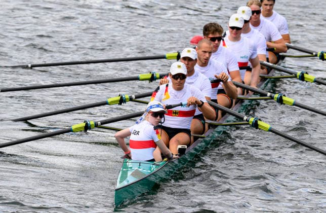 Team Deutschland, vorne Steuerfrau WEGELE Mia, dahinter GRONBACH Leon, SGONINA Carl, KAIM Julius, ZASTROW Lino, ZEYMER Felix, BECKMANN Justus, KUHN Vinzent, ROSENQUIST Leonardo, BM8x, U23 Men s Eight, am 23.07.2026 Rudern U-23 Weltmeisterschaft vom 23.07.- 26.07.2026 in Duisburg Deutschland. Regattabahn *** Team Germany, with coxswain Mia WEGELE in the front, followed by Leon GRONBACH, Carl SGONINA, Julius KAIM, Lino ZASTROW, Felix ZEYMER, Justus BECKMANN, Vinzent KUHN, and Leonardo ROSENQUIST, BM8x, U23 Men’s Eight, on July 23, 2026, at the U23 World Rowing Championships held from July 23–26, 2026, at the Duisburg Rowing Course in Germany