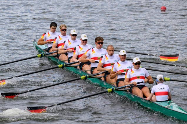 Team Deutschland, v.r. Steuerfrau WEGELE Mia, GRONBACH Leon, SGONINA Carl, KAIM Julius, ZASTROW Lino, ZEYMER Felix, BECKMANN Justus, KUHN Vinzent, ROSENQUIST Leonardo, BM8x, U23 Men s Eight, am 23.07.2026 Rudern U-23 Weltmeisterschaft vom 23.07.- 26.07.2026 in Duisburg Deutschland. Regattabahn *** Team Germany, from left: Coxswain Mia WEGELE, Leon GRONBACH, Carl SGONINA, Julius KAIM, Lino ZASTROW, Felix ZEYMER, Justus BECKMANN, Vinzent KUHN, Leonardo ROSENQUIST, BM8x, U23 Men’s Eight, on July 23, 2026, at the U23 World Rowing Championships from July 23–26, 2026, at the Duisburg Rowing Course in Duisburg, Germany