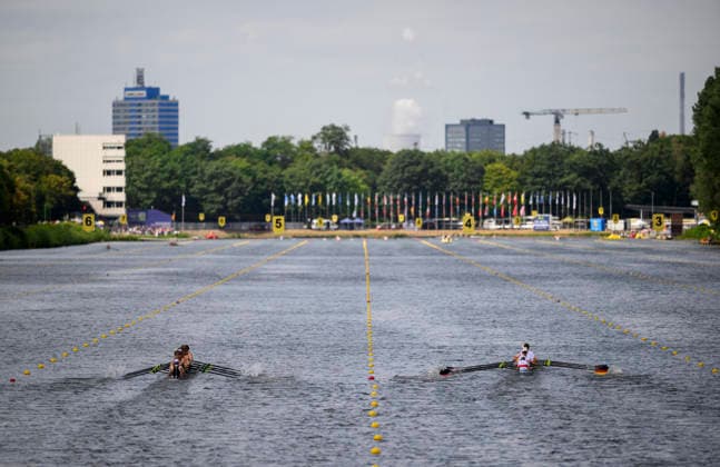 Blick auf die Regattabahn Duisburg, Blickrichtung Ziel, Wettkämpfe, BM8+, U23 Men s Eight, am 23.07.2026 Rudern U-23 Weltmeisterschaft vom 23.07.- 26.07.2026 in Duisburg Deutschland. Regattabahn *** View of the Duisburg regatta course, looking toward the finish line, races, BM8, U23 Men’s Eight, on July 23, 2026, at the U23 World Rowing Championships from July 23–26, 2026, at the Duisburg Rowing Course in Germany
