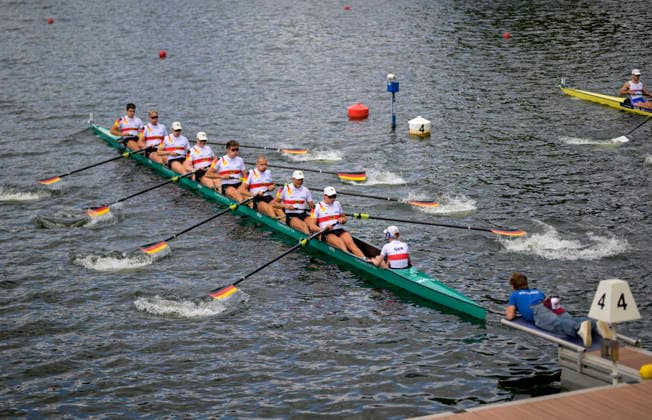 Team Deutschland, Start, v.r. Steuerfrau WEGELE Mia, GRONBACH Leon, SGONINA Carl, KAIM Julius, ZASTROW Lino, ZEYMER Felix, BECKMANN Justus, KUHN Vinzent, ROSENQUIST Leonardo, BM8x, U23 Men s Eight, am 23.07.2026 Rudern U-23 Weltmeisterschaft vom 23.07.- 26.07.2026 in Duisburg Deutschland. Regattabahn *** Team Germany, Start, from right: Coxswain Mia WEGELE, Leon GRONBACH, Carl SGONINA, Julius KAIM, Lino ZASTROW, Felix ZEYMER, Justus BECKMANN, Vinzent KUHN, Leonardo ROSENQUIST, BM8x, U23 Men’s Eight, on July 23, 2026, at the U23 World Rowing Championships from July 23–26, 2026, at the Duisburg Rowing Course in Duisburg, Germany