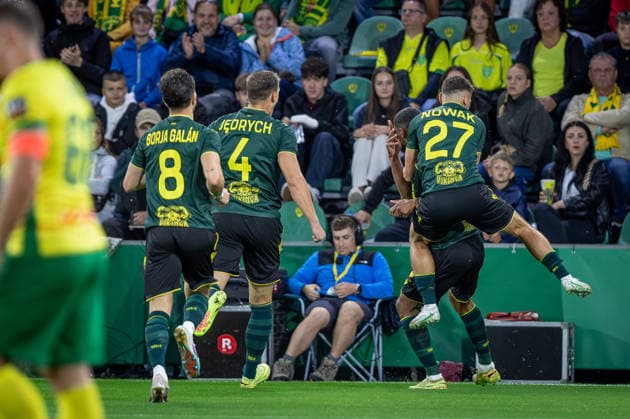 ZILINA - KATOWICE Lukas Klemenz of Katowice celebrates a goal with Bartosz Nowak during the first leg of second qualifying round of UEFA Conference league football match between MSK Zilina and GKS Katowice at the Stadion Pod Dubnom. Zilina, Slovakia, July 23, 2026. Photo by Branislav Racko Copyright: xx 080A4054
