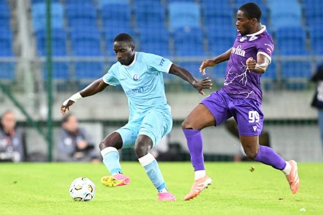 Gent s Ngom and Cherkasy s Cody David pictured in action during a soccer game between Ukrainian FC LNZ Cherkasy and Belgian KAA Gent, Thursday 23 July 2026 in Plock, Poland, the first leg of the second qualifying round for the UEFA Conference League. JILLxDELSAUX  x181870835x