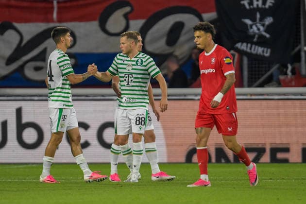 2026-07-23 FC Twente v Ferencvaros FC - UEFA Europa League ENSCHEDE, NETHERLANDS - JULY 23: Mariano Gomez of Ferencvaros TC, Philippe Rommens of Ferencvaros TC during the UEFA Europa League match between FC Twente and Ferencvaros FC at De Grolsch Veste on July 23, 2026 in Enschede, Netherlands. Enschede De Grolsch Veste Netherlands Content not available for redistribution in The Netherlands directly or indirectly through any third parties. Copyright: xDennisxBresserx