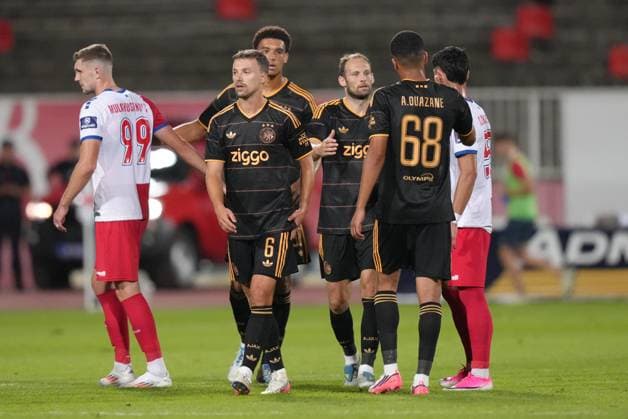NOVI SAD , 23-07-2026 , Karadjordje Stadium , season 2026 2027 , UEFA Conference League play-off football , Match between FK Vojvodina and Ajax , picture shows Ajax player Youri Regeer, Ajax player Aaron Bouwman, Ajax player Daley Blind, Ajax player Abdellah Ouazane FK Vojvodina - Ajax  x205169484x Copyright: