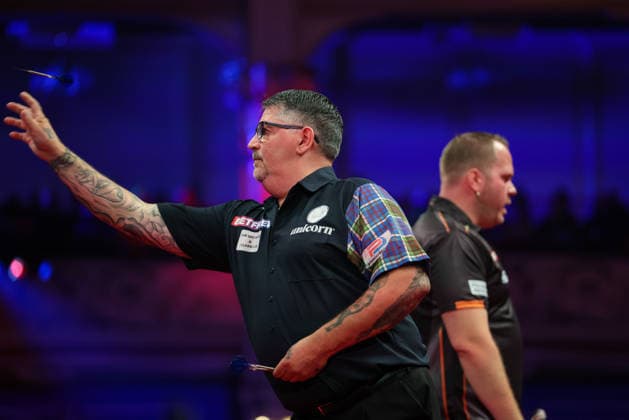 RECORD DATE NOT STATED 23rd July 2026, Winter Gardens, Blackpool, Lancashire, England; 2026 Betfred World Matchplay Darts, Day Six; Gary Anderson in action at the oche during his game against Dirk van Duijvenbode AidanxHunter