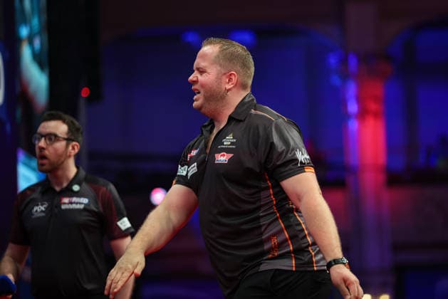 RECORD DATE NOT STATED 23rd July 2026, Winter Gardens, Blackpool, Lancashire, England; 2026 Betfred World Matchplay Darts, Day Six; Dirk van Duijvenbode reacts during his game against Gary Anderson AidanxHunter