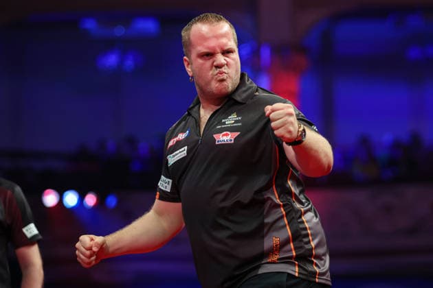RECORD DATE NOT STATED 23rd July 2026, Winter Gardens, Blackpool, Lancashire, England; 2026 Betfred World Matchplay Darts, Day Six; Dirk van Duijvenbode reacts after winning a leg during his game against Gary Anderson AidanxHunter