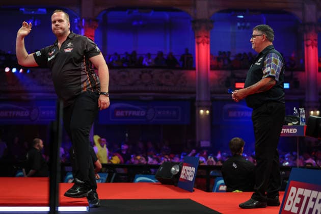 RECORD DATE NOT STATED 23rd July 2026, Winter Gardens, Blackpool, Lancashire, England; 2026 Betfred World Matchplay Darts, Day Six; Dirk van Duijvenbode reacts as Gary Anderson looks on AidanxHunter