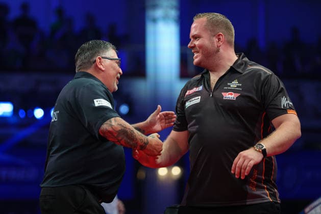 RECORD DATE NOT STATED 23rd July 2026, Winter Gardens, Blackpool, Lancashire, England; 2026 Betfred World Matchplay Darts, Day Six; Gary Anderson and Dirk van Duijvenbode ahead of their game AidanxHunter