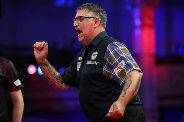 RECORD DATE NOT STATED 23rd July 2026, Winter Gardens, Blackpool, Lancashire, England; 2026 Betfred World Matchplay Darts, Day Six; Gary Anderson reacts during his game against Dirk van Duijvenbode AidanxHunter
