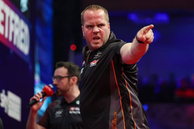 RECORD DATE NOT STATED 23rd July 2026, Winter Gardens, Blackpool, Lancashire, England; 2026 Betfred World Matchplay Darts, Day Six; Dirk van Duijvenbode reacts during his game against Gary Anderson AidanxHunter