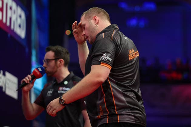 RECORD DATE NOT STATED 23rd July 2026, Winter Gardens, Blackpool, Lancashire, England; 2026 Betfred World Matchplay Darts, Day Six; Dirk van Duijvenbode reacts during his game against Gary Anderson AidanxHunter