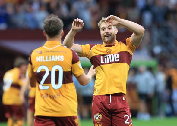 Motherwell v Havnar B—ltfelag UEFA Europa Conference League Ewan Wilson of Motherwell (right) celebrates his teams second goal with Dylan Williams of Motherwell during the UEFA Europa Conference League Second Qualifying Round First Leg match at Fir Park, Motherwell 23 07 2026 UK Newspapers OUT Copyright: xFredxPalmerx FIL-23665-0082